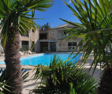 Piscine extérieure avec palmiers au Domaine Plein Sud