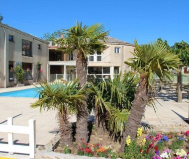 Espace piscine avec palmiers au Domaine Plein Sud