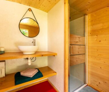 Salle de bain en bois avec vasque miroir et douche au Domaine de la Cambre