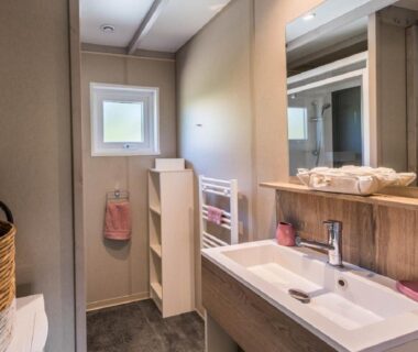 Salle de bain avec lavabo et miroir dans le Domaine de la Forge