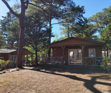 Emplacement ombragé avec mobil-home et terrasse au Domaine de la Presqu'île