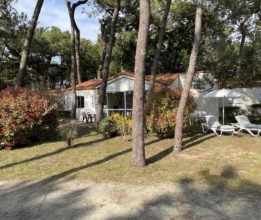 Dans la pinède mobil-home avec transats et terrasse au Domaine de la Presqu'île
