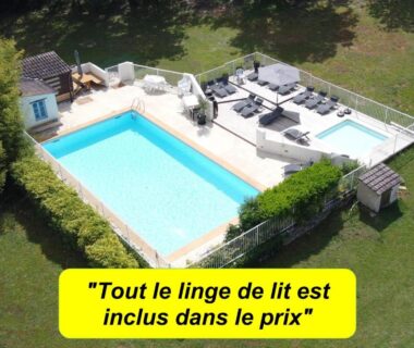 Jardin avec piscine extérieure et petit bassin du Dordogne Glamping & Camping