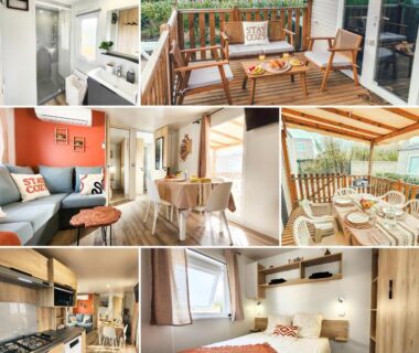Terrasse en bois avec table et chaises au Dreamy Lodge Plaisir et Plage à 100m