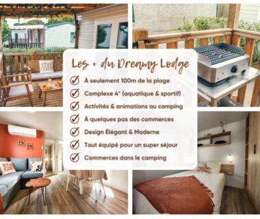 Terrasse en bois avec barbecue et salon extérieur au Dreamy Lodge Plaisir et Plage à 100m