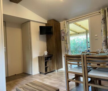 Intérieur du mobil-home avec coin repas et terrasse au mobil-home ESCALE BASSIN LES VIVIERS