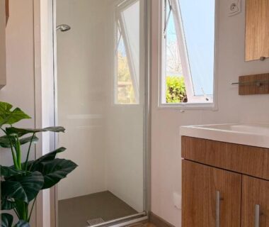 Salle de douche avec meuble en bois et plante dans le cottage Premium d'Eden Cottages