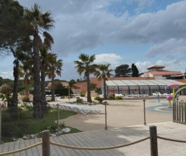 Piscine extérieure et palmiers au camping Entre mer et montagne