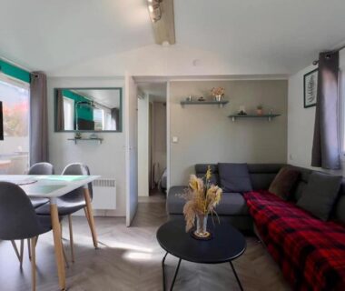 Intérieur salon avec canapé et table à manger dans l'hébergement Erbarie43
