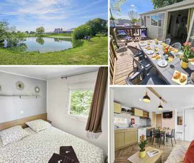 Terrasse avec table dressée et vue sur l'étang au camping Evasion Normande