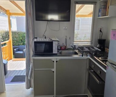 Coin cuisine avec micro-ondes et télévision dans FMLODGE la cabane du soleil au sable du midi