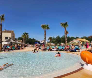 Piscine extérieure avec palmiers et transats au FMLODGE-mobilhome jasmin au sable du midi