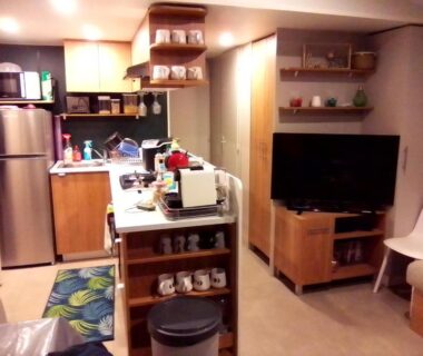 Séjour avec kitchenette et télévision dans le FMLODGE-mobilhome jasmin au sable du midi