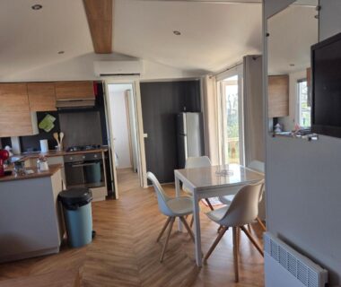 Intérieur avec cuisine ouverte coin repas et télévision dans le mobilhome FMLODGE Le Reposoir