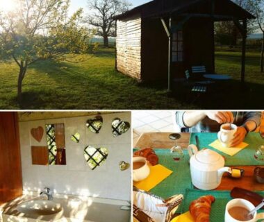Jardin avec cabine en bois, coin lavabo et petit déjeuner à la Ferme équestre Les Chevaliers