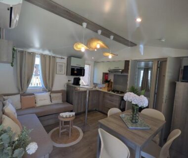 Salon et coin repas lumineux dans le Ferret Family Lodge au camping Les Embruns