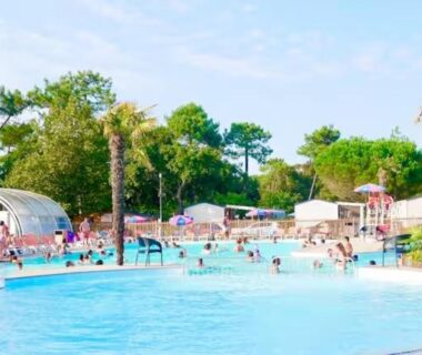 Piscine du camping avec palmiers et baigneurs au Ferret wifi, plage, piscine à 2 pas, 8 pers avec Vayny