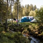 Bord du ruisseau avec tentes et caravane au Flower Camping La Sténiole