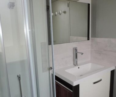 Salle de bain avec cabine de douche et meuble lavabo au Gite Le Bois Fleuri