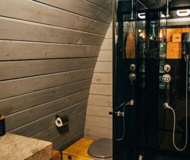 Salle de bain avec douche vitrée et toilettes au Gite et chambres d'Hotes de Cozance