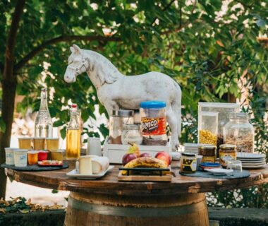 Terrasse sous arbres avec petit déjeuner sur table au Gite et chambres d'Hotes de Cozance
