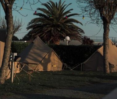Campement avec tentes et palmier du Glamping Spot à Penmarch