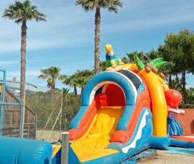Espace toboggans aquatiques près des palmiers au camping HappyMobilhome Argelès-sur-mer Del Mar