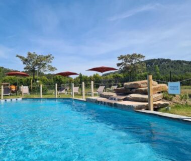 Piscine extérieure avec parasols et transats au Foudreaterre