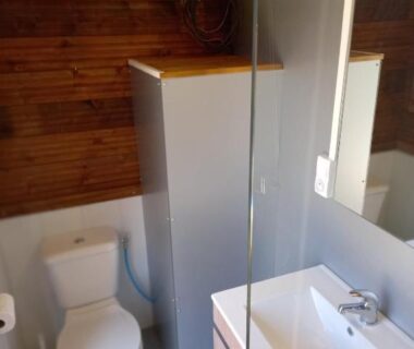 Salle de bains avec toilettes et lavabo dans l'Hébergement Insolite avec SPA – Foudreaterre