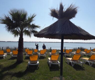 Bord de l'eau avec transats et paillote au camping HerGine
