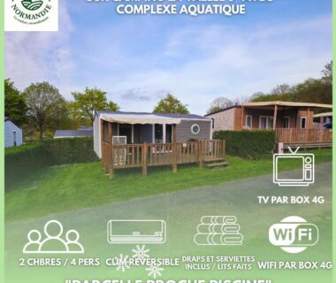 Terrasse sur parcelle herbeuse du Houlgate 154 Mobilhome cosy 4 personnes