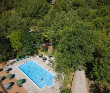 Piscine extérieure entourée d'arbres avec parasols au camping Huttopia Gorges du Tarn