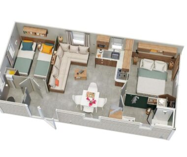 Plan intérieur du mobil-home avec salon cuisine et deux chambres du JP - L'Eleganzia 2 ch