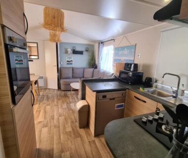 Intérieur avec cuisine équipée et coin salon du Joli Bungalow Cap Ferret Camping les Viviers