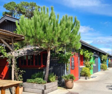 Allée bordée de bungalows colorés au Joli Bungalow Cap Ferret Camping les Viviers