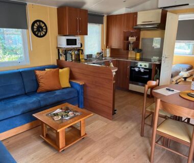 Salon et kitchenette dans le mobil-home Joli Mobil-Home de Vacances