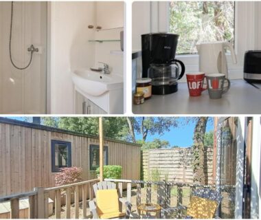 Terrasse en bois avec chaises et coin cuisine au Kabana La palmeraie