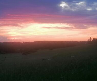 Prairie et ciel au coucher de soleil dans le camping L escale de larcher