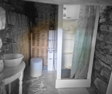 Salle de bains avec cabine de douche et lavabo dans l'hébergement L insolite