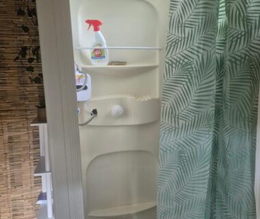 Douche cabine avec rideau vert et étagères dans L insolite
