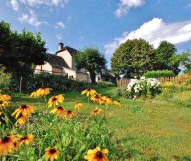 Jardin fleuri et pelouse avec chalets en arrière-plan au camping LA VIEILLE AUBERGE