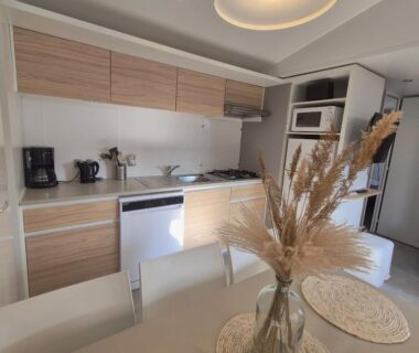 Cuisine équipée et table avec vase dans l'Azura Mobil Home 6 personnes Piscines et Plage Les Dunes