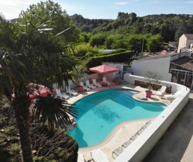 Piscine entourée de transats et palmiers au camping Le Casque Roi