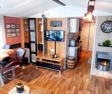 Salon lumineux avec cuisine ouverte et télévision dans le camping Le Petit Bonheur