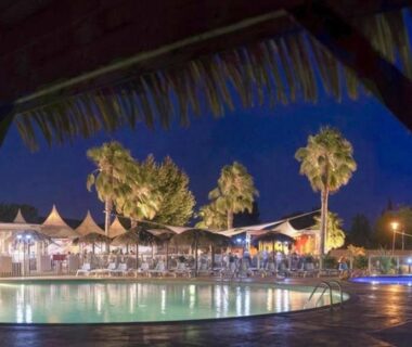 Piscine nocturne avec palmiers et terrasse sous paillote au camping L'Exellence