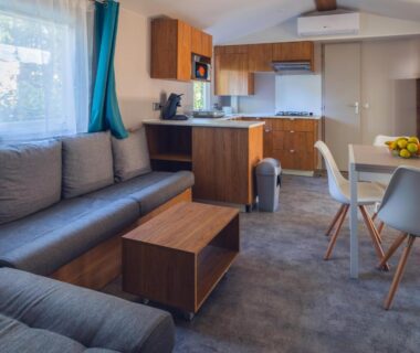 Intérieur du mobil-home avec salon et kitchenette à L'Oasis des Dombes