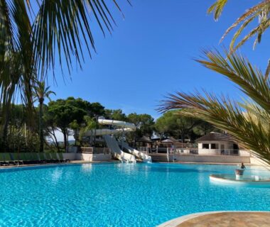 Piscine extérieure avec toboggans et palmiers au camping La Baume 515