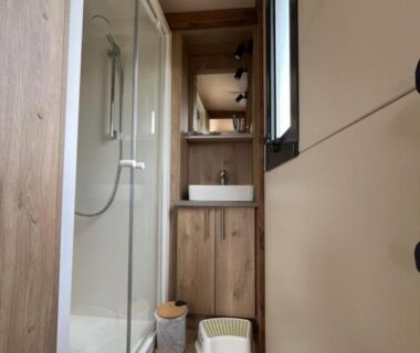 Salle d'eau avec cabine de douche et lavabo dans La Buissonnière Lodges