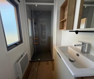 Salle de bain avec douche et lavabo dans l'hébergement La Cabane