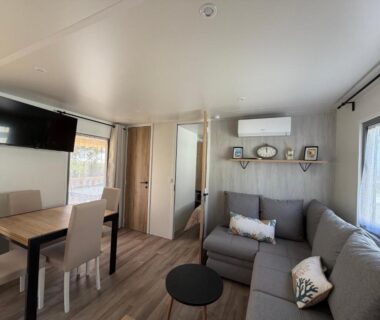 Intérieur salon avec canapé table et télévision du mobil-home La Cabane